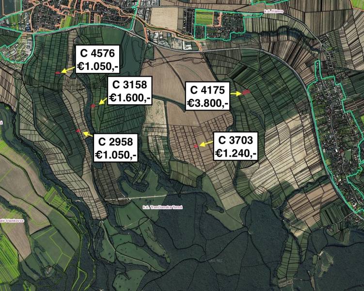 Aerial map of agricultural and forest lands around Trenčianska Turná with parcel prices.