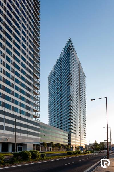 Modern high-rise buildings in Bratislava - Old Town on Landererova Street, near the garages.