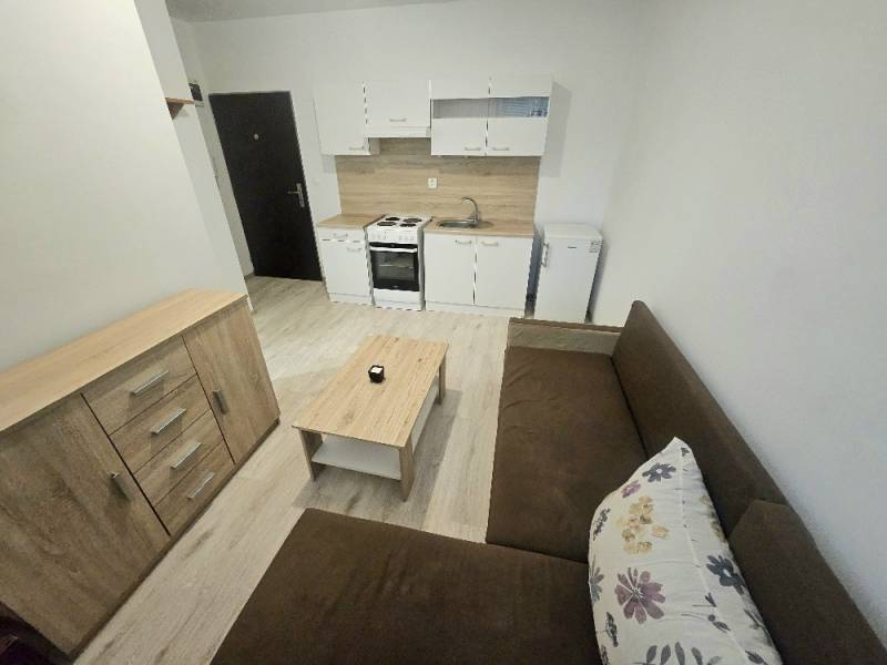 Kitchen area of a one-room apartment with a wooden decor floor and a sofa.