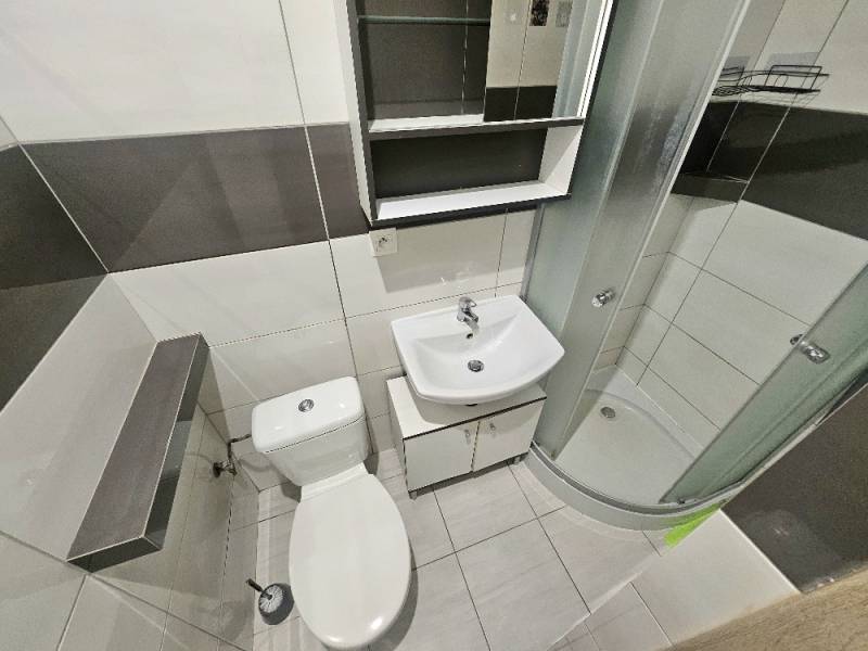 Bathroom in a studio apartment with a toilet, shower, and sink.
