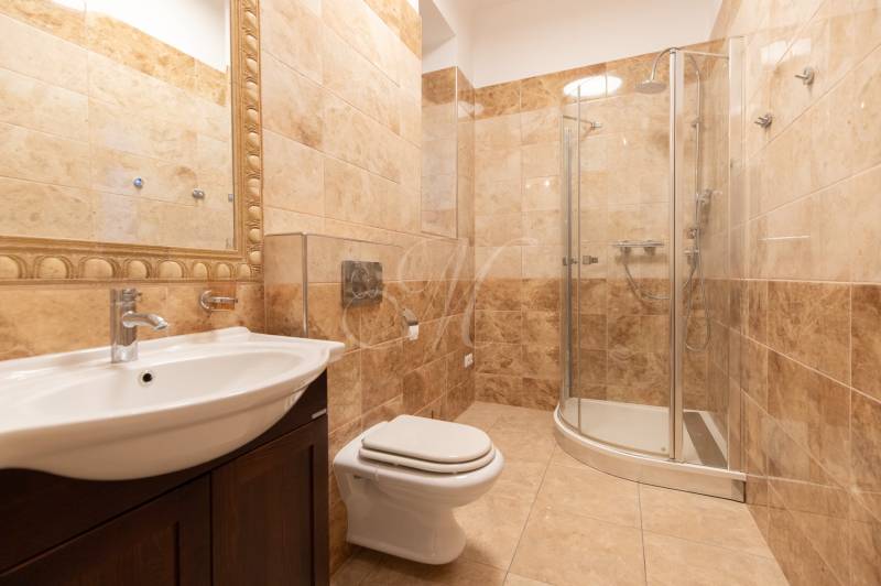 A bathroom with a shower and ceramic tiles in a 3-room apartment.