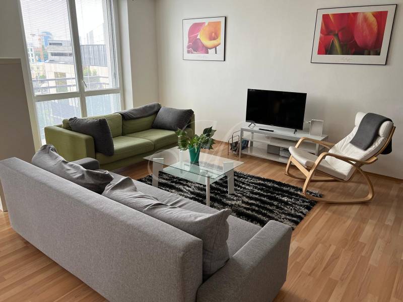 Bright living room with sofas, an armchair, and a television in a 2-room apartment.