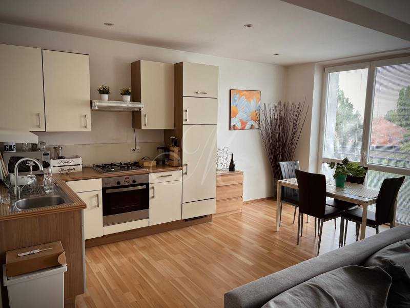 A kitchen in a 2-room apartment with a dining table and a floor with a wood decor.