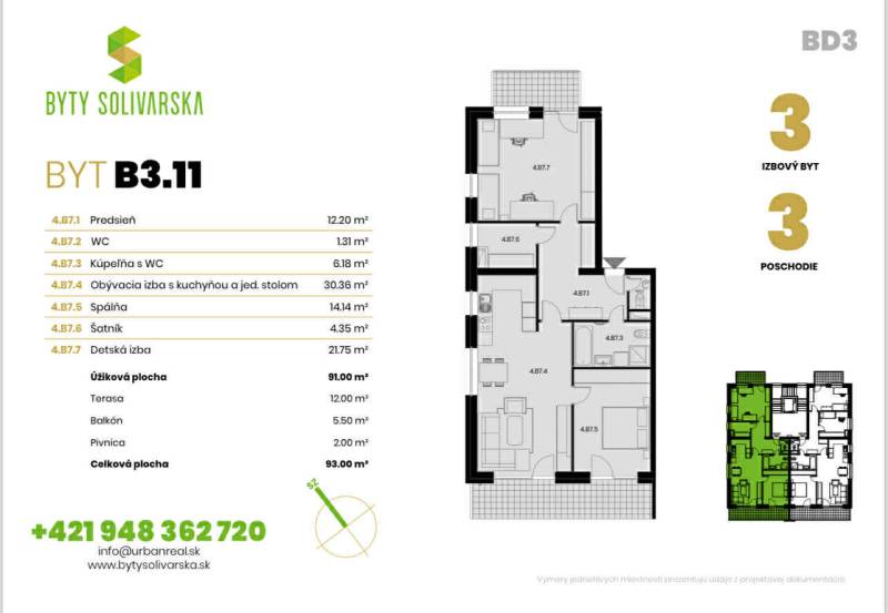 Floor plan of a 3-room apartment with a terrace and storage spaces, apartment B3.11.