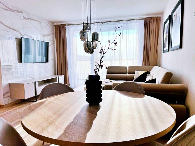 Living room in a three-room apartment with a wooden decor floor and a comfortable sofa.