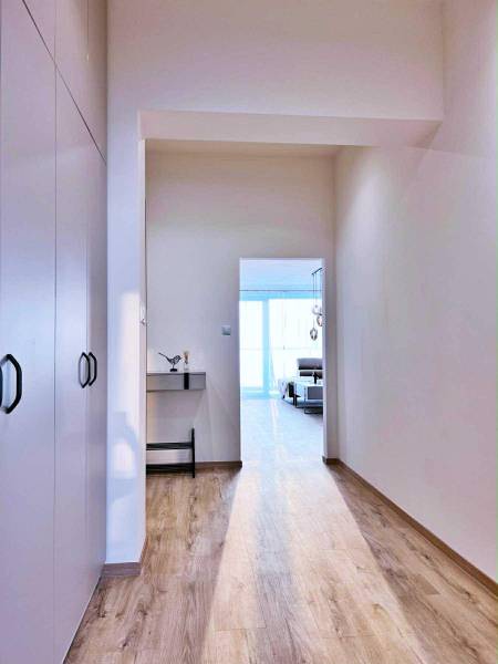 A bright hallway in a 3-room apartment with wood-decor flooring and built-in wardrobes.