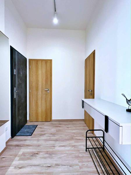 A hallway with doors, a floor with a wooden decor, and furniture in a 3-room apartment.