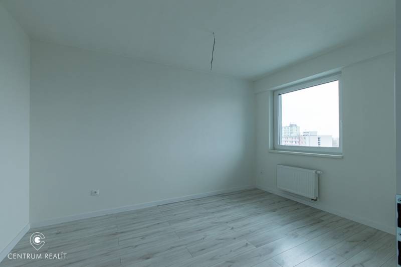Empty room in a 2-bedroom apartment with wood-patterned flooring and a large window.