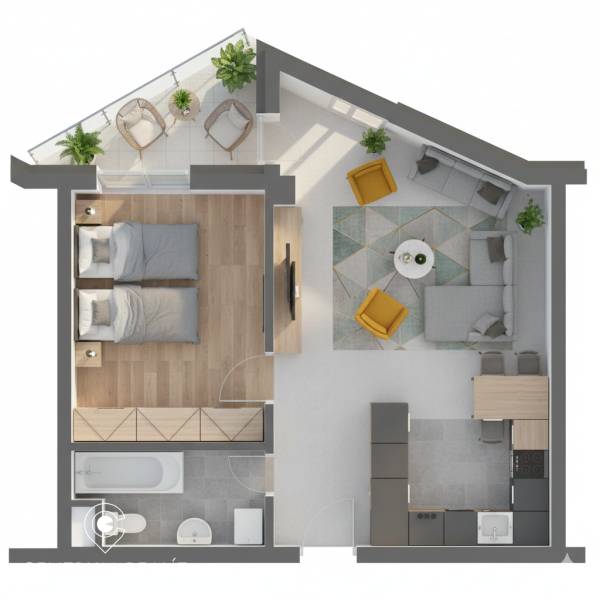 Floor plan of a 2-room apartment with wood-patterned flooring and a balcony offering comfortable seating.
