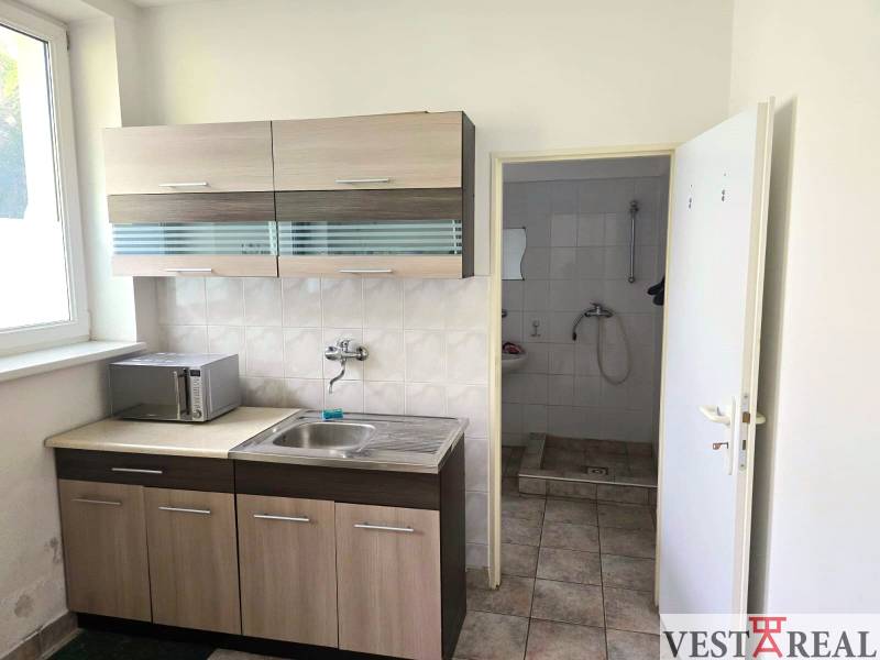 A kitchenette with a microwave and a sink in commercial premises, next to a bathroom with a shower.