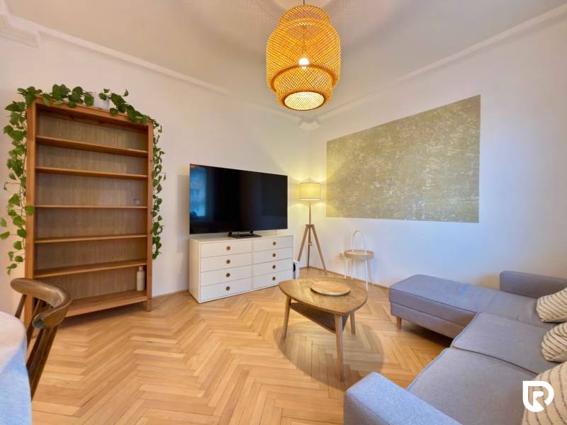 Living room in a two-room apartment with a wooden decor floor and a comfortable sofa.