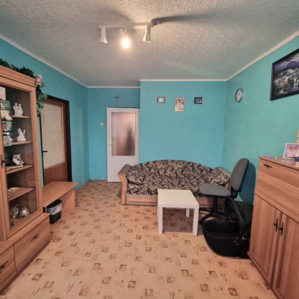 A room in a 3-room apartment with turquoise walls, brown furniture, and a patterned carpet.