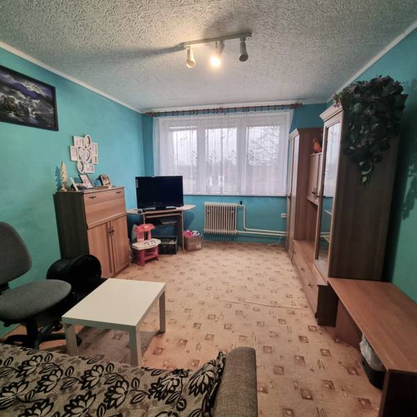 Living room in a three-room apartment with turquoise walls, furniture, and carpet flooring.