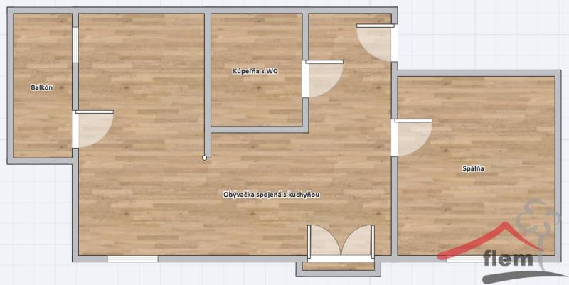 Floor plan of a 2-room apartment with wood-patterned flooring, a bathroom, a kitchen, and a balcony.