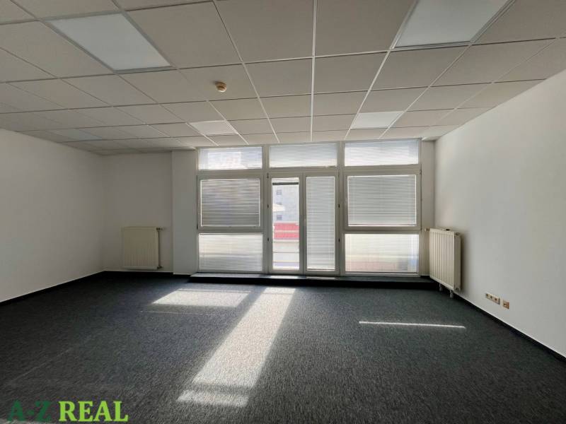Offices with large windows and gray carpet, white walls, ceiling lighting.
