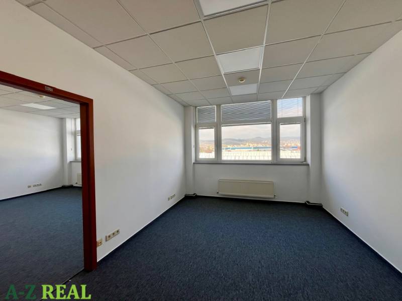 Offices with carpeted floors, large windows, white walls, coffered ceiling.