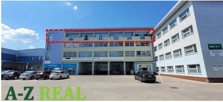 Office building on Stará Vajnorská, Bratislava - Nové Mesto. Parking lot in the foreground.