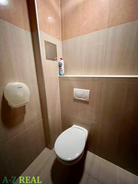 A restroom with tiles in an office, with a cleaning product and a toilet paper dispenser.