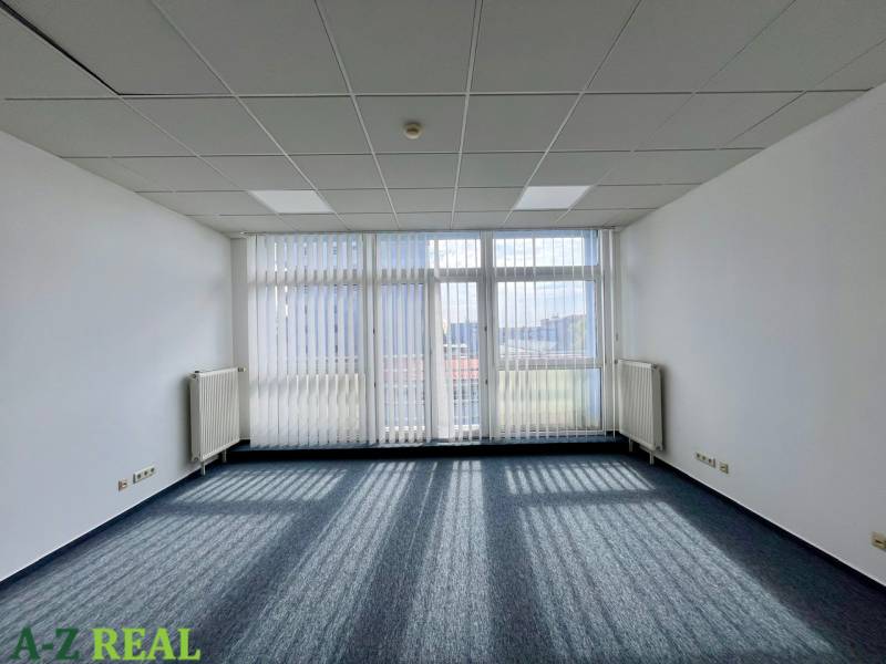 Offices with carpeted floors and large windows, providing a bright workspace.