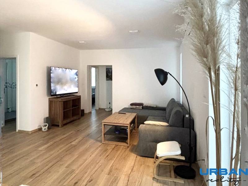 Living room in a 3-room apartment with a wooden decor floor and a gray sofa.