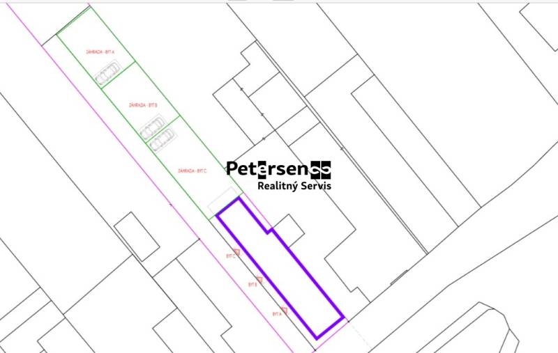 Layout of apartment placements with adjacent gardens and parking spaces.