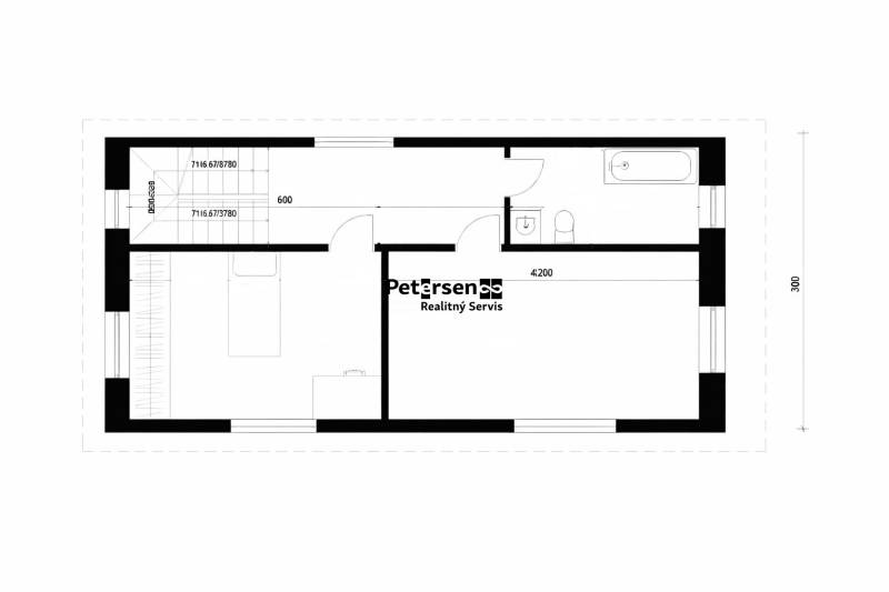 Floor plan of a 3-room apartment with a bathroom, kitchen, and staircase.