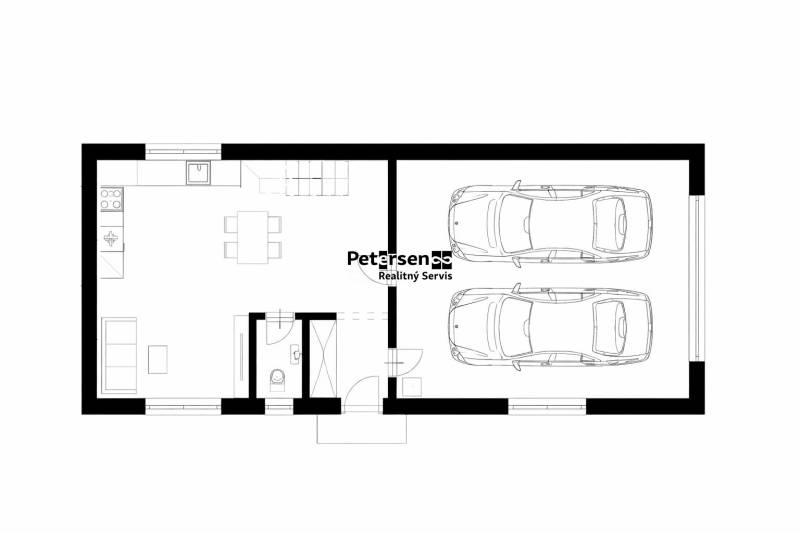 Floor plan of a 3-room apartment with a kitchen, living room, and double garage.