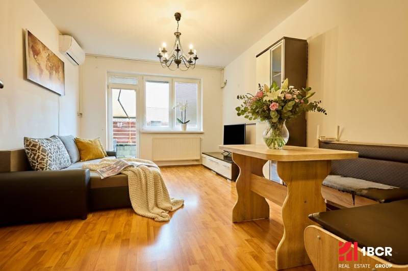 Living room in a two-room apartment with a wooden decor floor and a sofa.