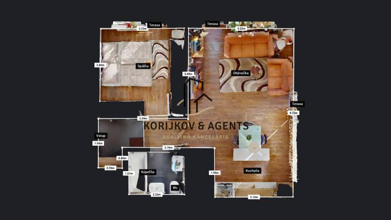 The floor plan shows a 2-room apartment with a bedroom, living room, kitchen, and bathroom.