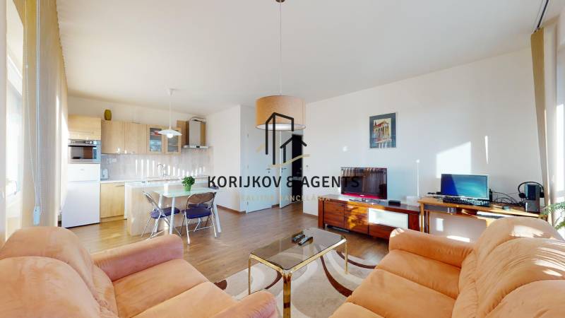 Living room with a kitchenette, sofas, and a wooden decor floor in a 2-room apartment.