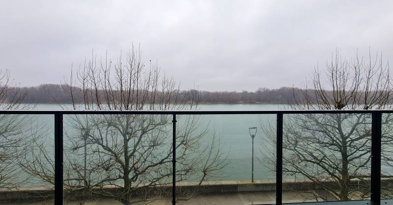 A view from a 3-room apartment of the river and trees through glass railings.