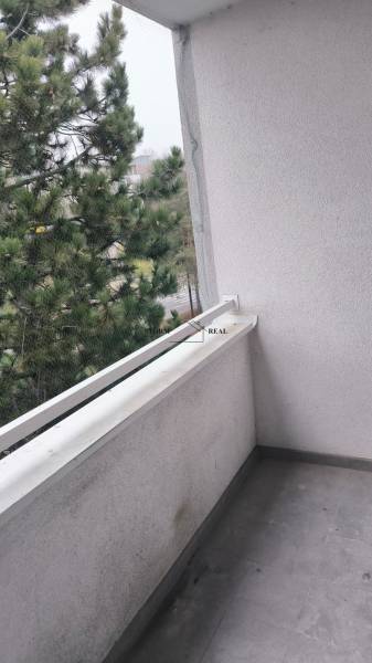 A balcony with trees and a bird net in a 4-room apartment on Janotova Street.
