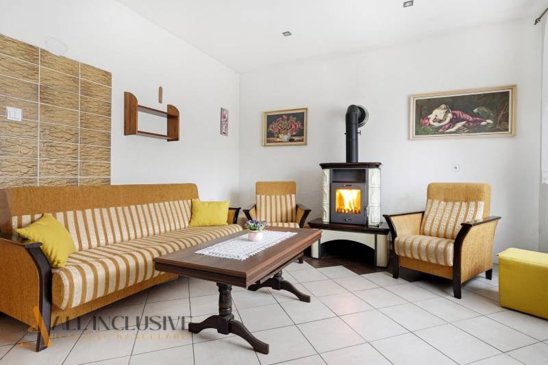 Living room in a family house with a fireplace, sofa, and wooden table.