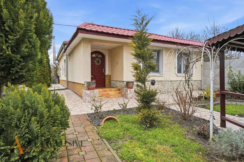 A family house in Čierny Brod surrounded by a landscaped garden with a terrace and a gazebo.