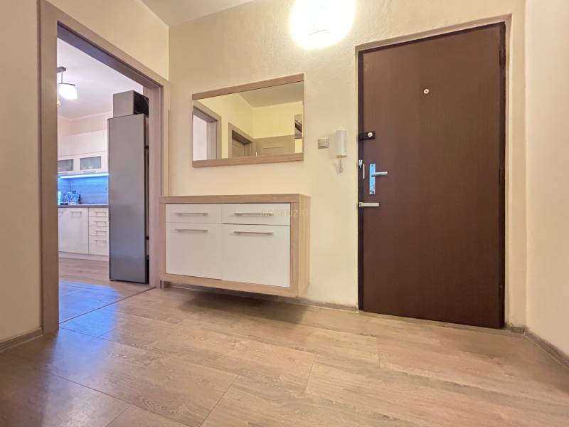 The hallway of a 2-room apartment with a wooden decor floor and a view into the kitchen.