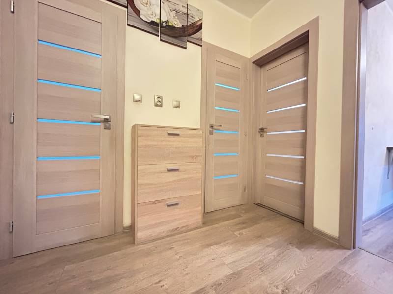 Wooden floor decor and light doors in a 2-room apartment with soft lighting.