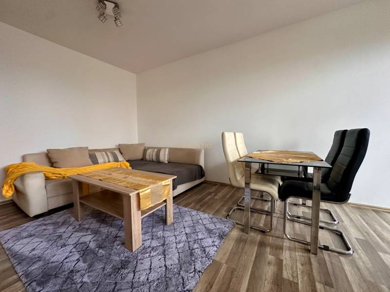Living room of a three-room apartment with a sofa, table, and wood-patterned floor.