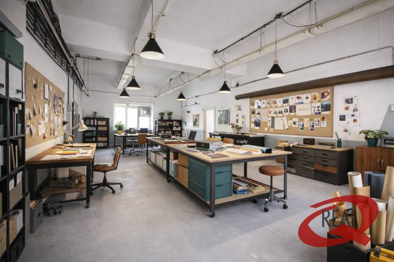 Spacious office with desks, bulletin boards, and plants on a light floor.