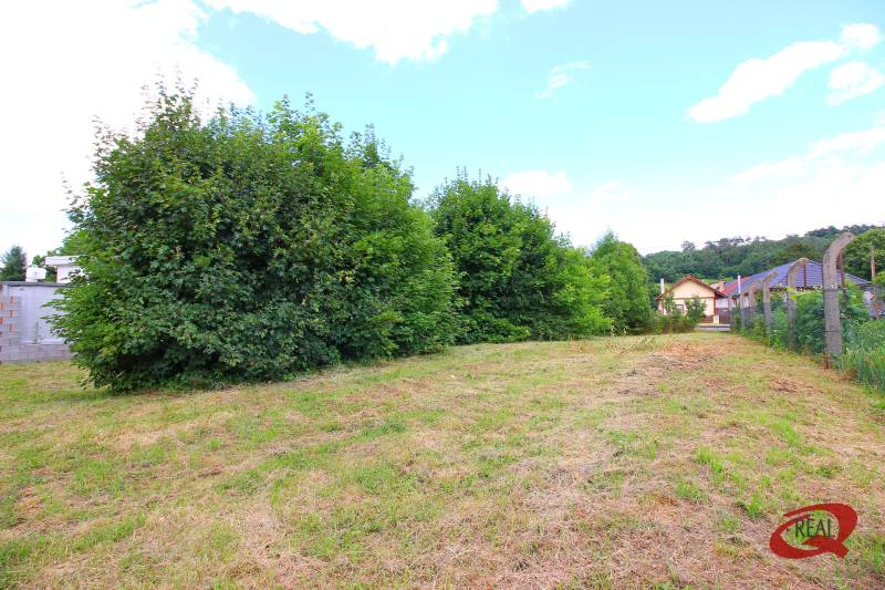 A grassy plot with bushes and random buildings in the background in the town of Veľké Uherce.