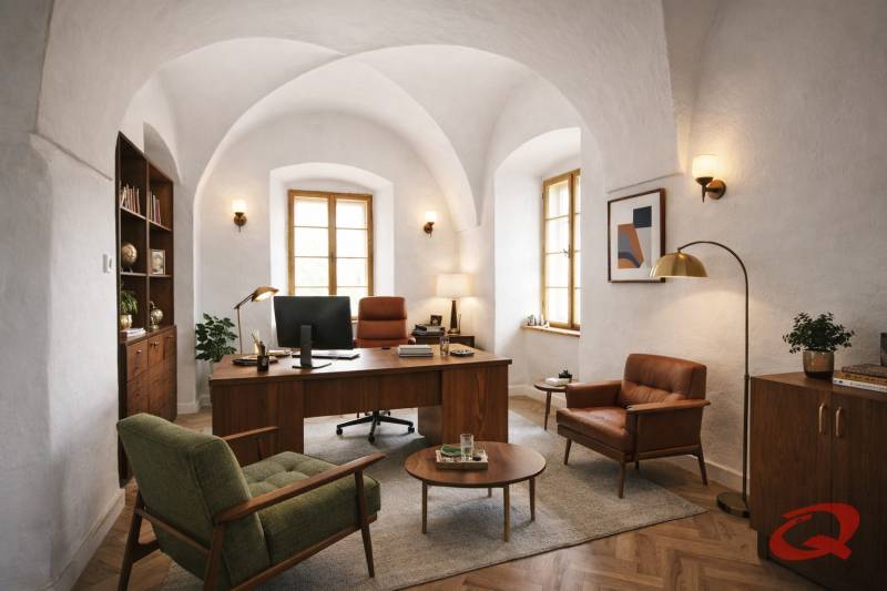 The interior of the building with comfortable furniture and a wooden decor floor.