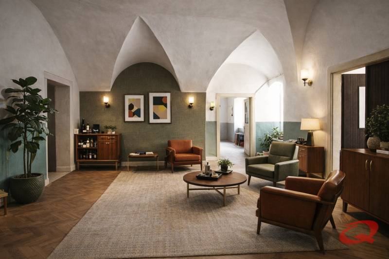 The interior of a building with wood-patterned flooring, comfortable furniture, and decorative elements.