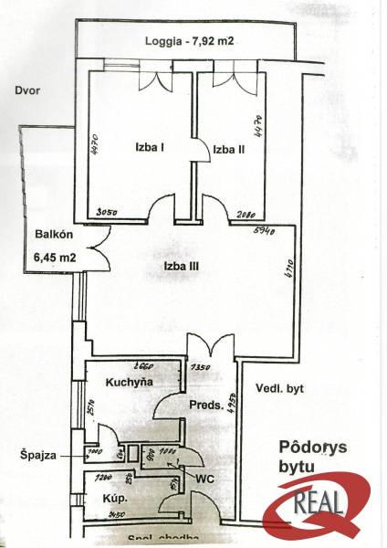 Floor plan of a 3-room apartment with a loggia, balcony, kitchen, and pantry.