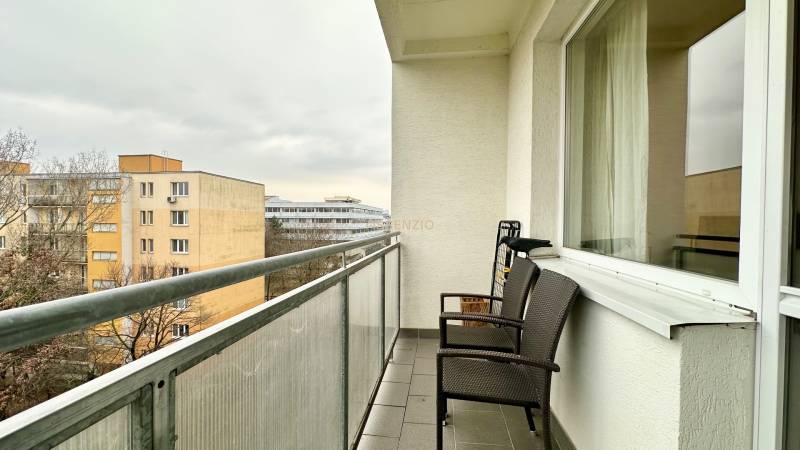 The balcony of a 2-room apartment in Bratislava - Ružinov on Ostredková, with a view of the surrounding buildings.