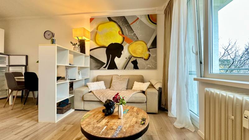 Living room in a 2-room apartment with a sofa, painting, and floor with wood decor.