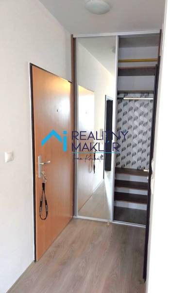 A hallway in a one-room apartment with sliding doors and a built-in wardrobe.