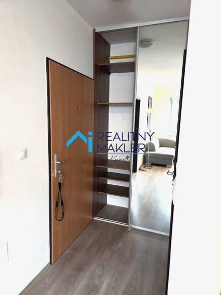 Built-in wardrobe with sliding doors in a studio apartment, floor with wood decor.