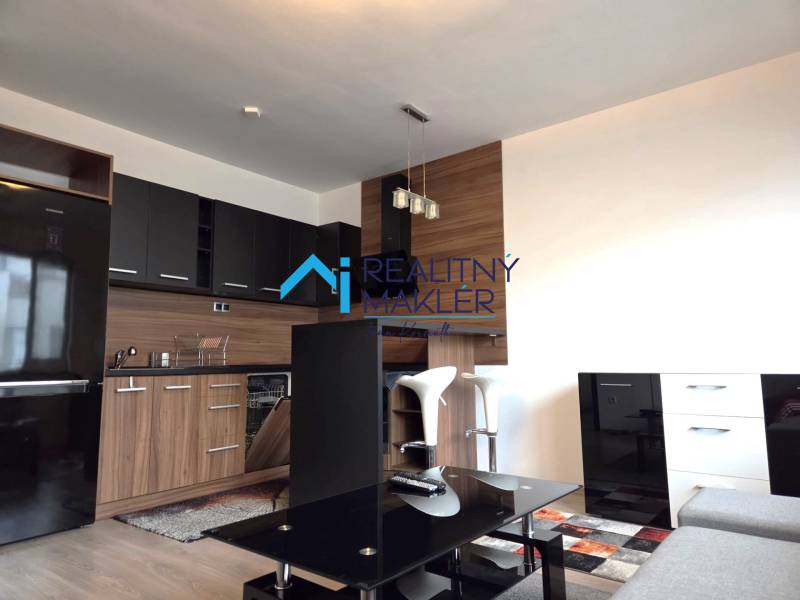 A kitchen in a studio apartment with black cabinets, flooring with a wood decor.