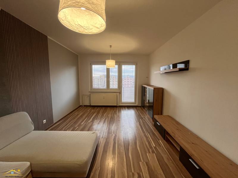 Living room in a two-room apartment with a wooden decor floor and a comfortable couch.