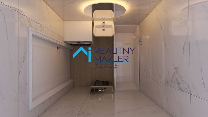 Compact bathroom in a 3-room apartment with marble tiles and a wooden decor floor.