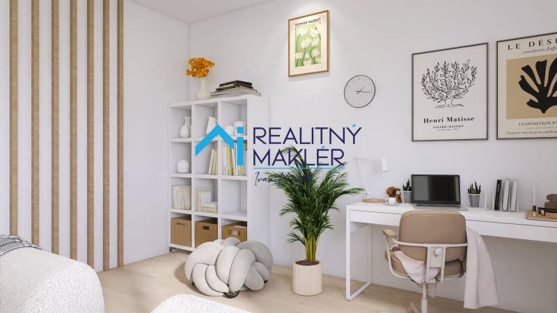 A workspace in a 3-room apartment with decorations, a plant, and white furniture.